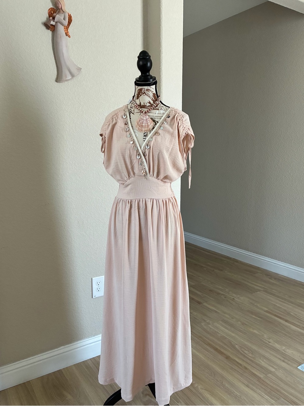 Blush Pink V-Neck Maxi Dress with Shell and Bead Trim